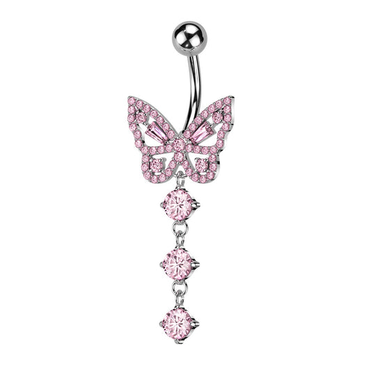 CZ Crystal Butterfly with Dangling Crystals Belly Button Ring - 316L Stainless Steel