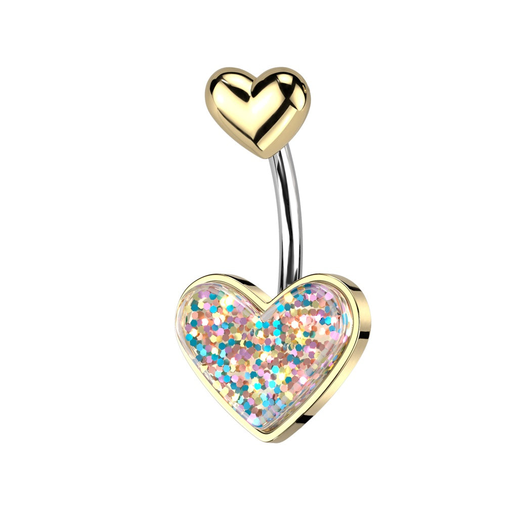 Double Glitter Heart Belly Button Ring - 316L Stainless Steel