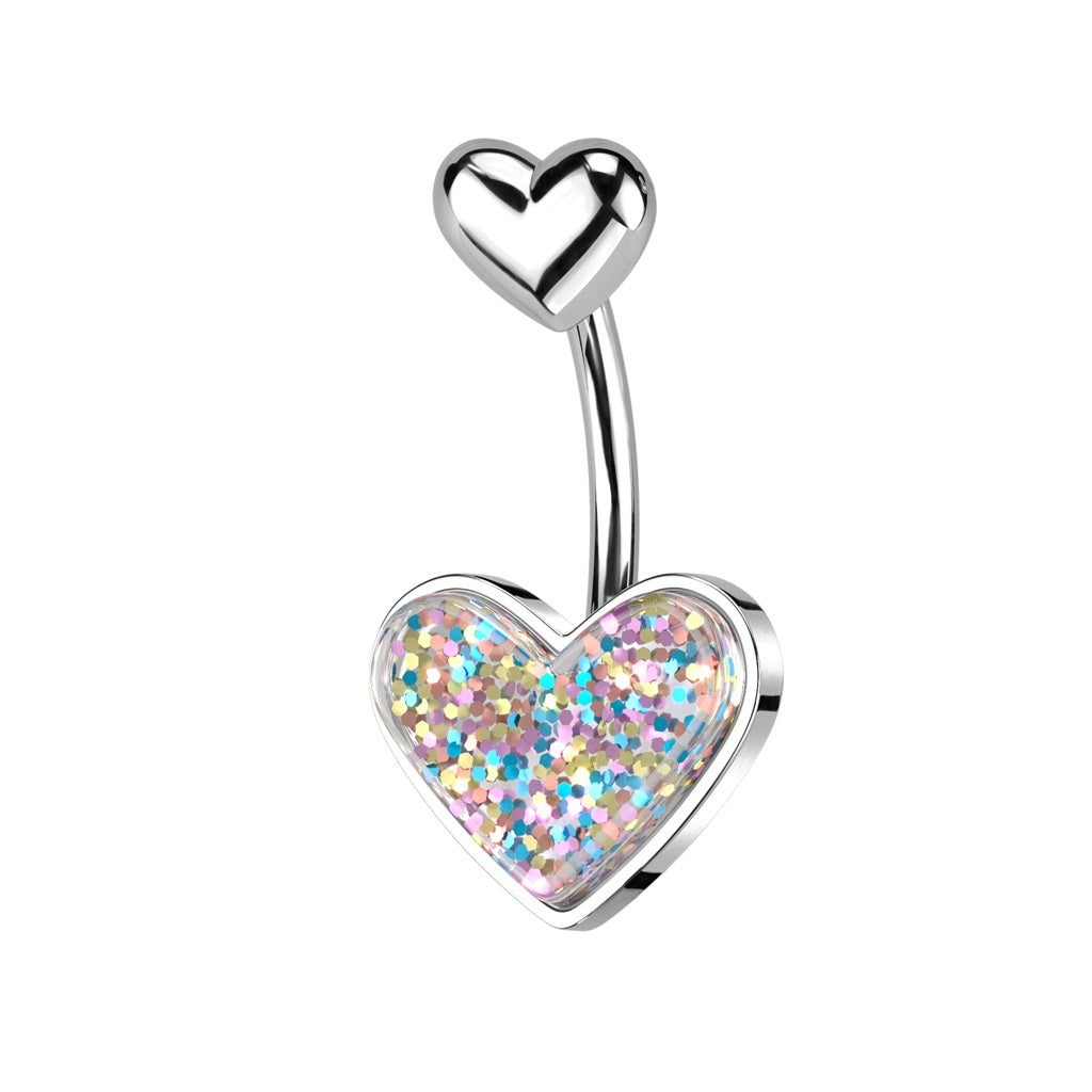 Double Glitter Heart Belly Button Ring - 316L Stainless Steel