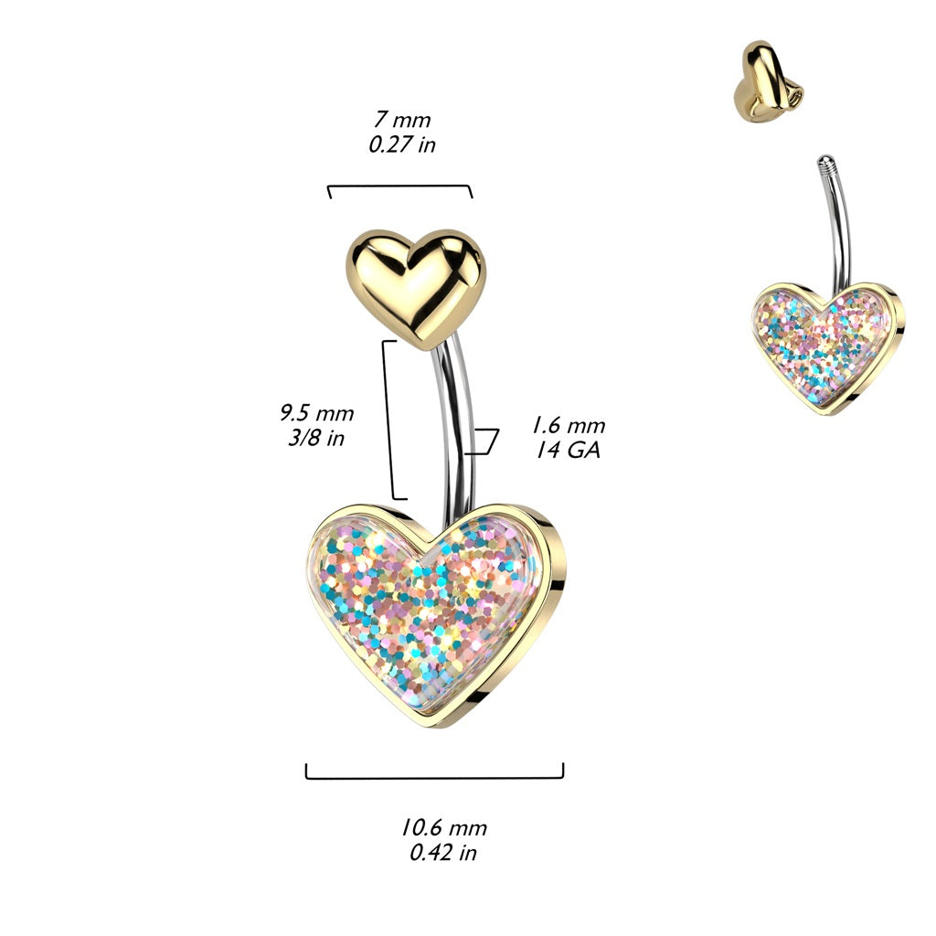 Double Glitter Heart Belly Button Ring - 316L Stainless Steel