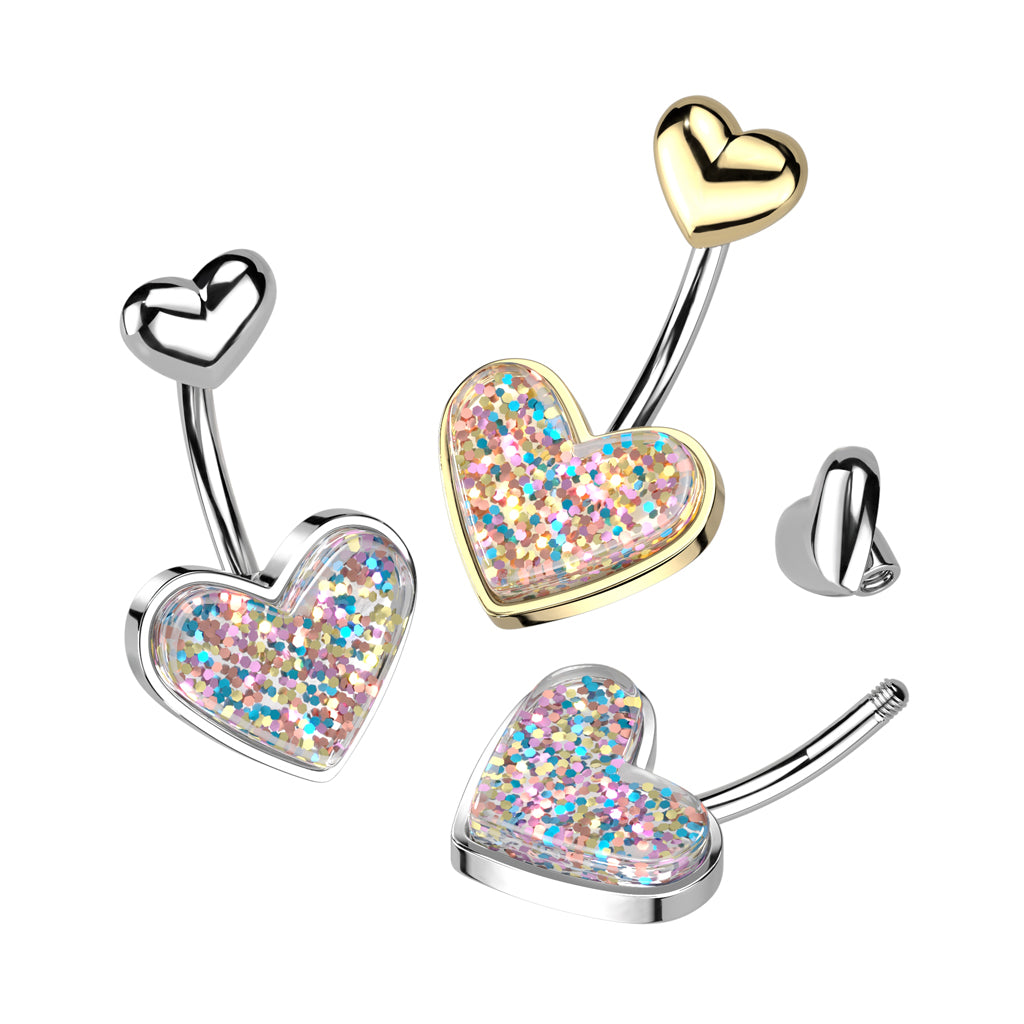 Double Glitter Heart Belly Button Ring - 316L Stainless Steel