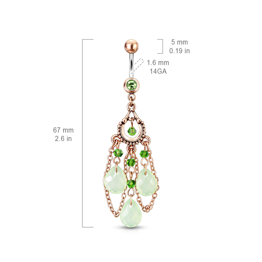 Vintage Chandelier with Jade Colored Tear Drop Beads Chain Dangling Belly Button Ring - 316L Surgical Steel