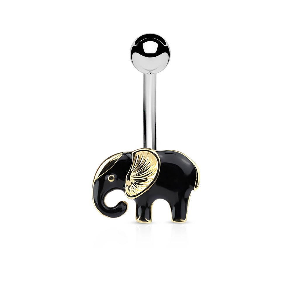 Gold and Black Good Luck Elephant Belly Button Ring - 316L Surgical Steel