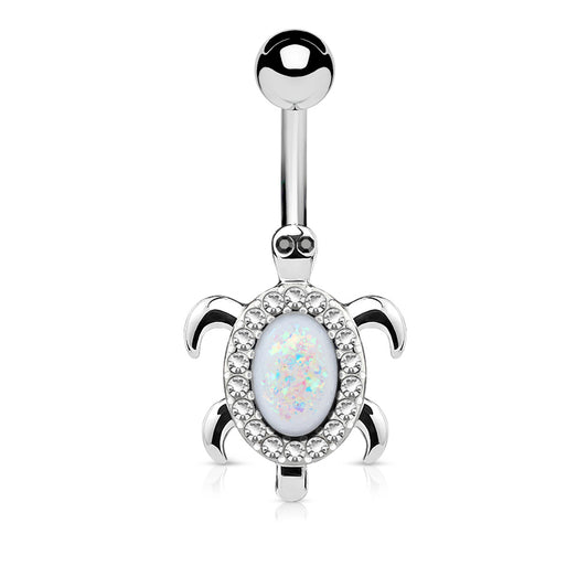Opal and Crystal Paved Turtle Belly Button Ring - 316L Stainless Steel