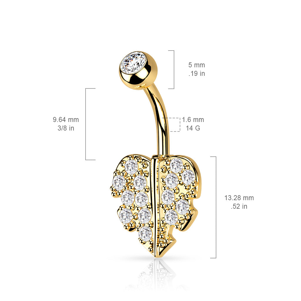 Gem Paved Heart Shaped Leaf Belly Button Ring - 316L Stainless Steel