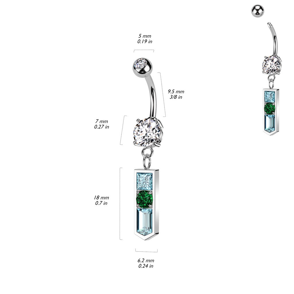 Blue and Green CZ Crystal Pointed Baguette Dangling Belly Button Ring - 316L Stainless Steel