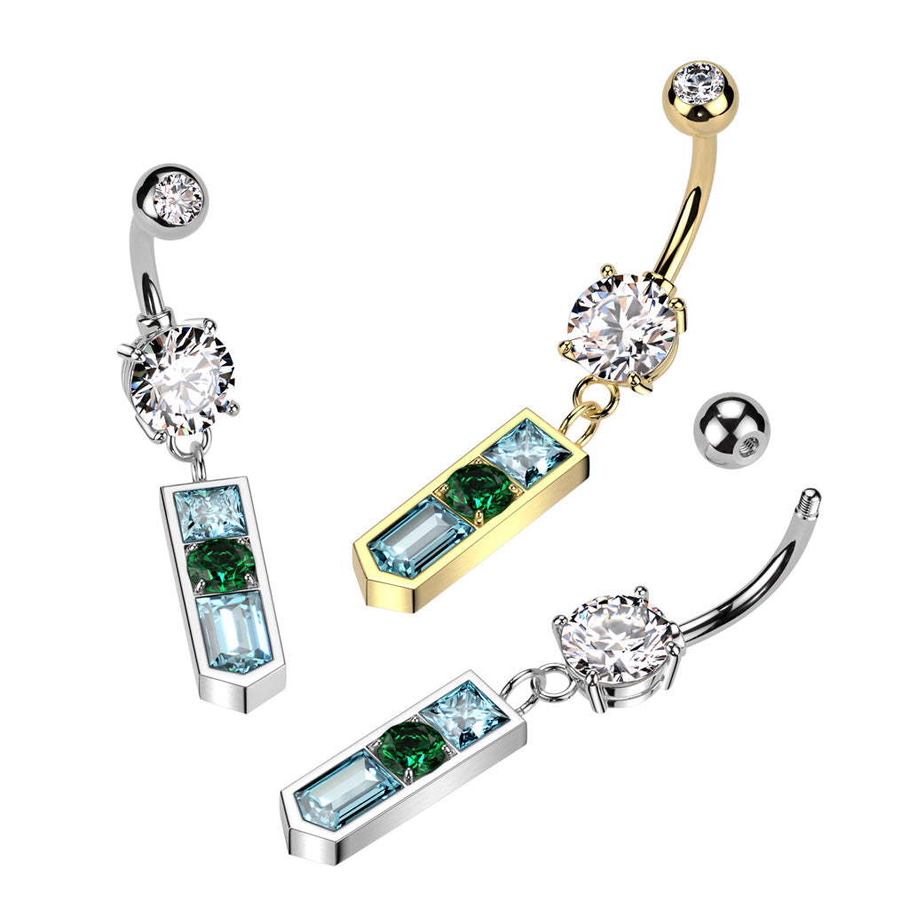 Blue and Green CZ Crystal Pointed Baguette Dangling Belly Button Ring - 316L Stainless Steel