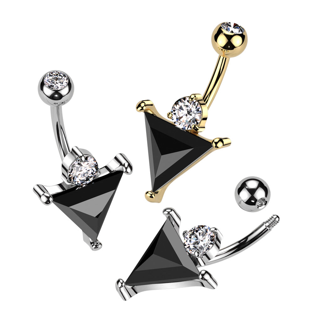 Black CZ Crystal Triangle Belly Button Ring - 316L Stainless Steel
