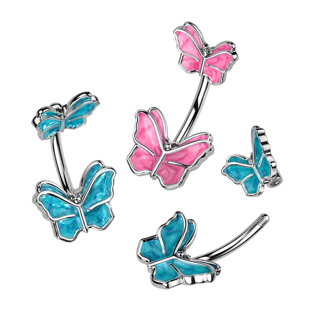 Double Butterfly Belly Button Ring - 316L Stainless Steel