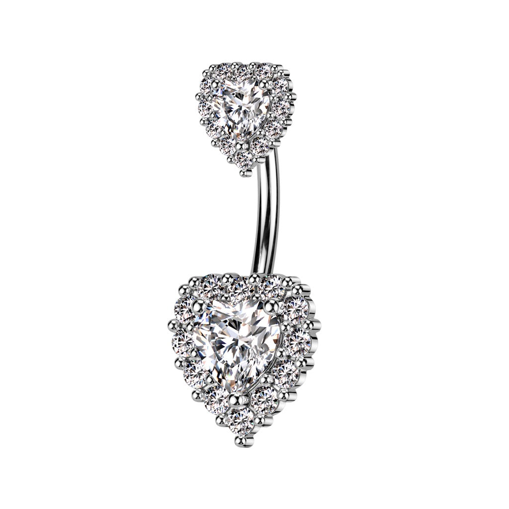 CZ Crystal Double Heart Belly Button Ring - 316L Stainless Steel