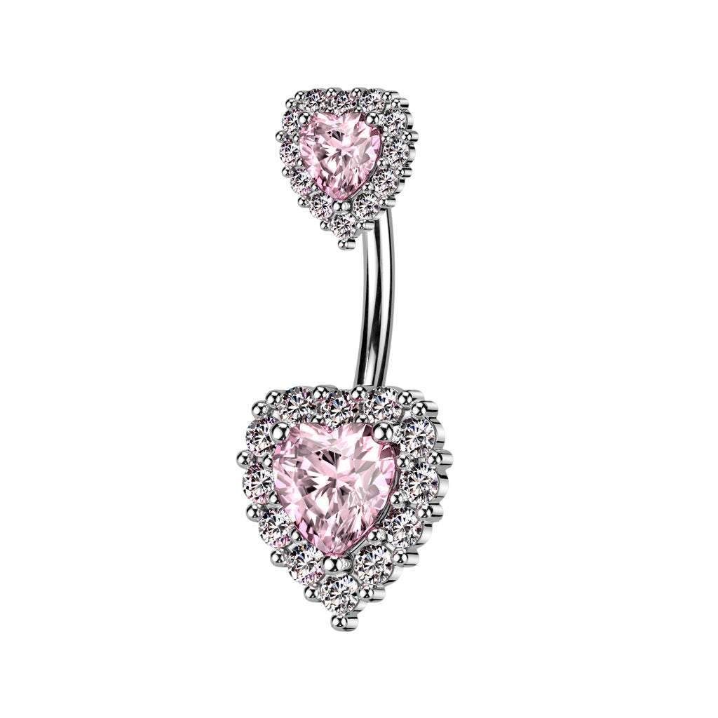 CZ Crystal Double Heart Belly Button Ring - 316L Stainless Steel