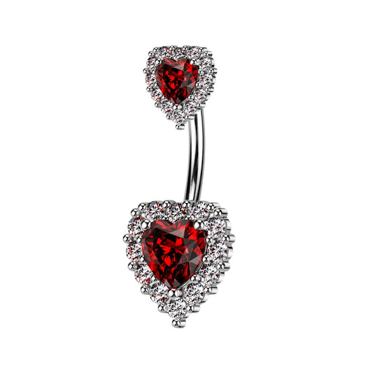 CZ Crystal Double Heart Belly Button Ring - 316L Stainless Steel