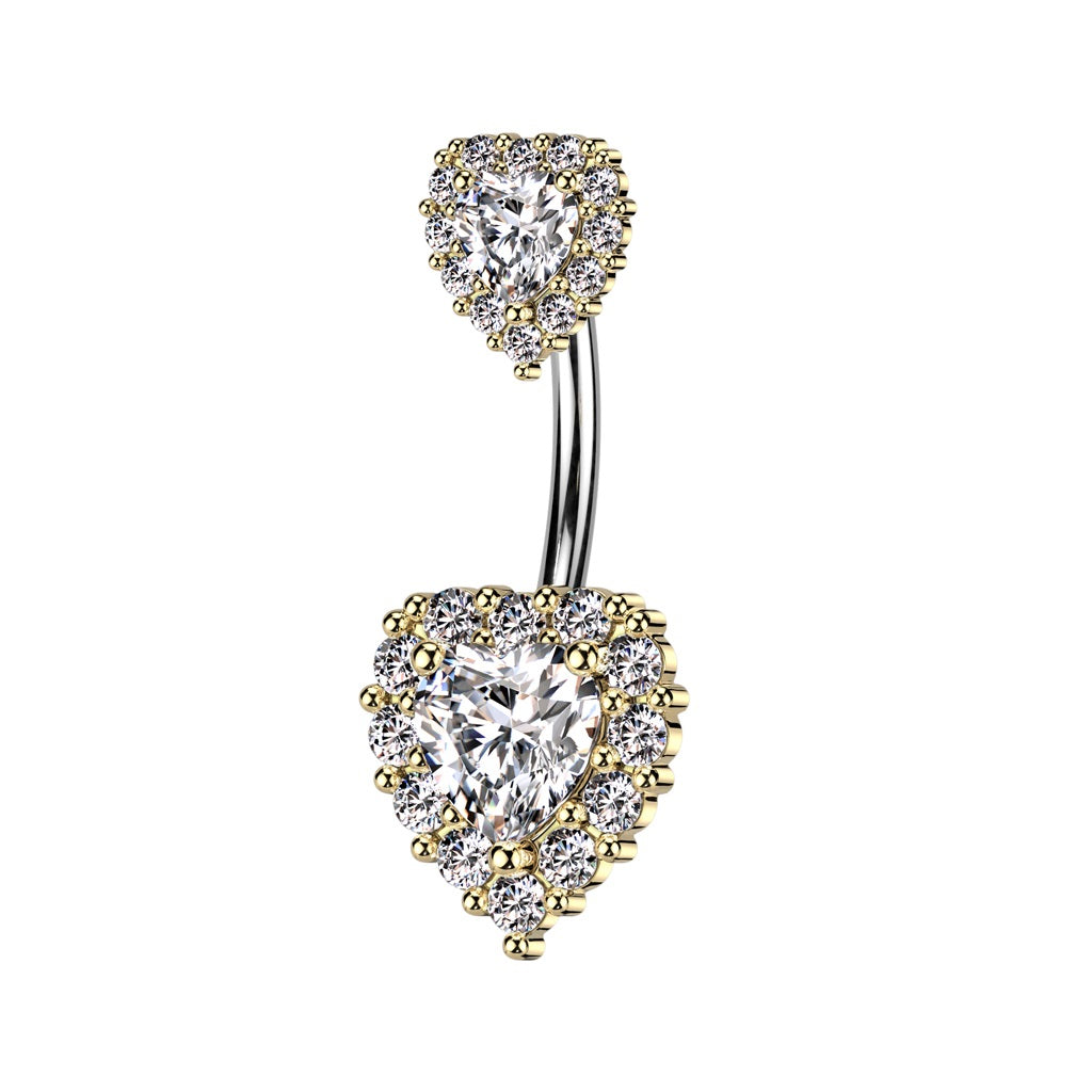 CZ Crystal Double Heart Belly Button Ring - 316L Stainless Steel