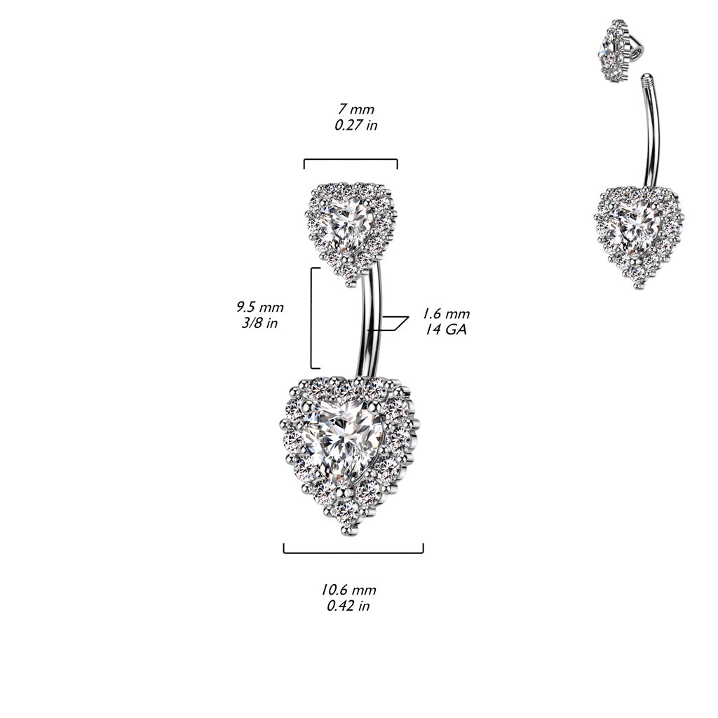CZ Crystal Double Heart Belly Button Ring - 316L Stainless Steel
