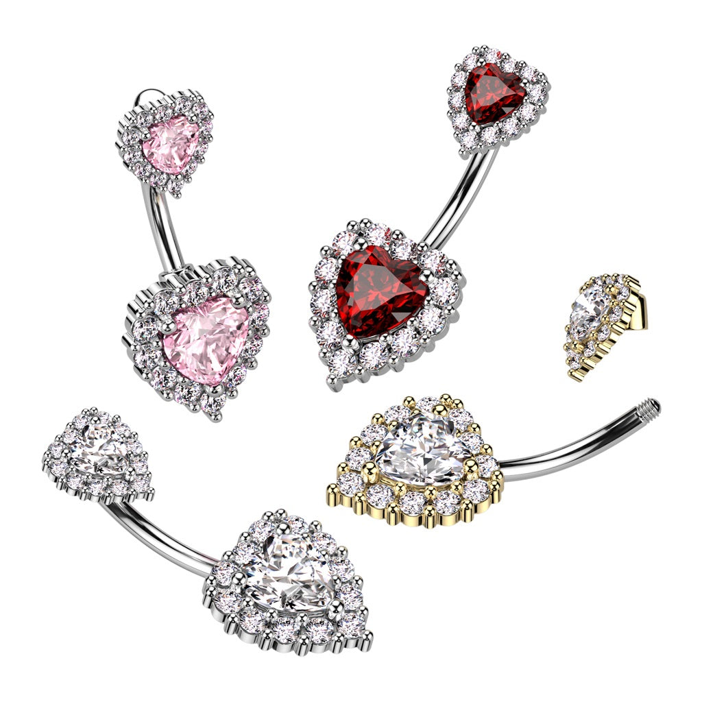CZ Crystal Double Heart Belly Button Ring - 316L Stainless Steel