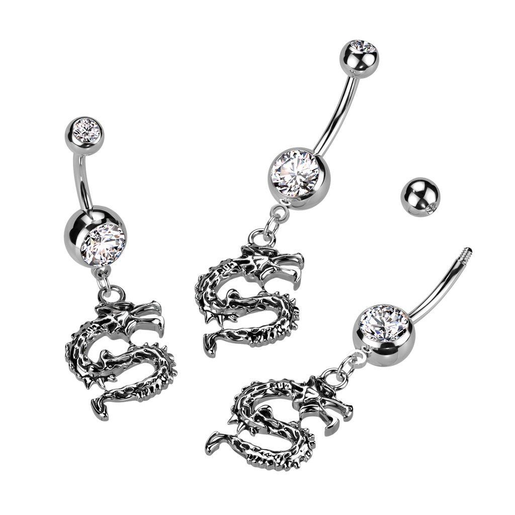 CZ Crystal Dragon Dangling Belly Button Ring - 316L Stainless Steel