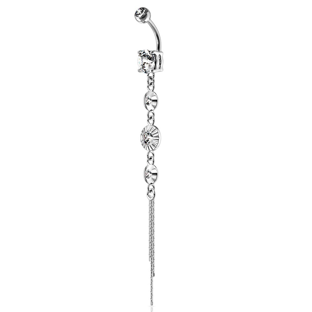 CZ Centered Crystal Drop Chain Dangling Belly Button Ring - 316L Stainless Steel