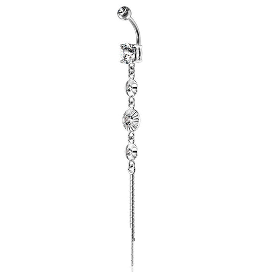 CZ Centered Crystal Drop Chain Dangling Belly Button Ring - 316L Stainless Steel