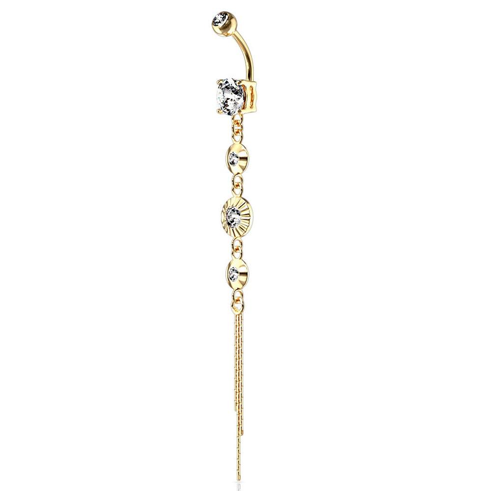 CZ Centered Crystal Drop Chain Dangling Belly Button Ring - 316L Stainless Steel