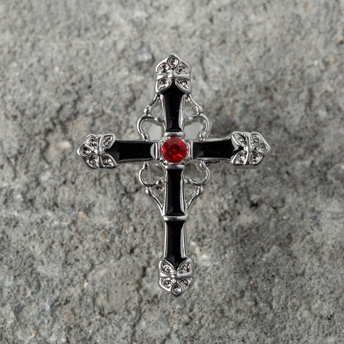 Black Enamel Colored Cross with Red Gem Center Rhodium Plated Top Drop Navel Belly Ring - Stainless Steel