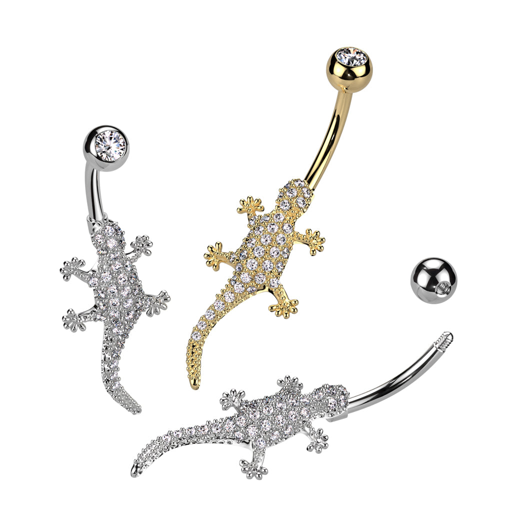 CZ Crystal Paved Lizard Belly Button Ring - 316L Stainless Steel