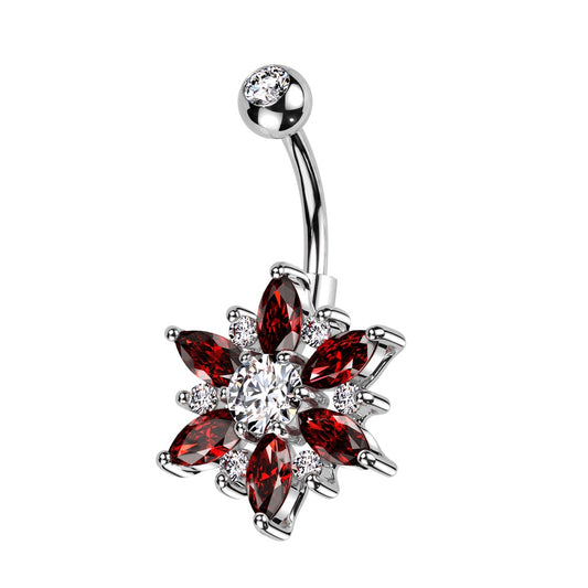 CZ Crystal Flower with Marquise Petals Belly Button Ring - 316L Stainless Steel