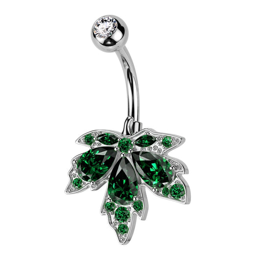 CZ Crystal Maple Leaf Belly Button Ring - 316L Stainless Steel