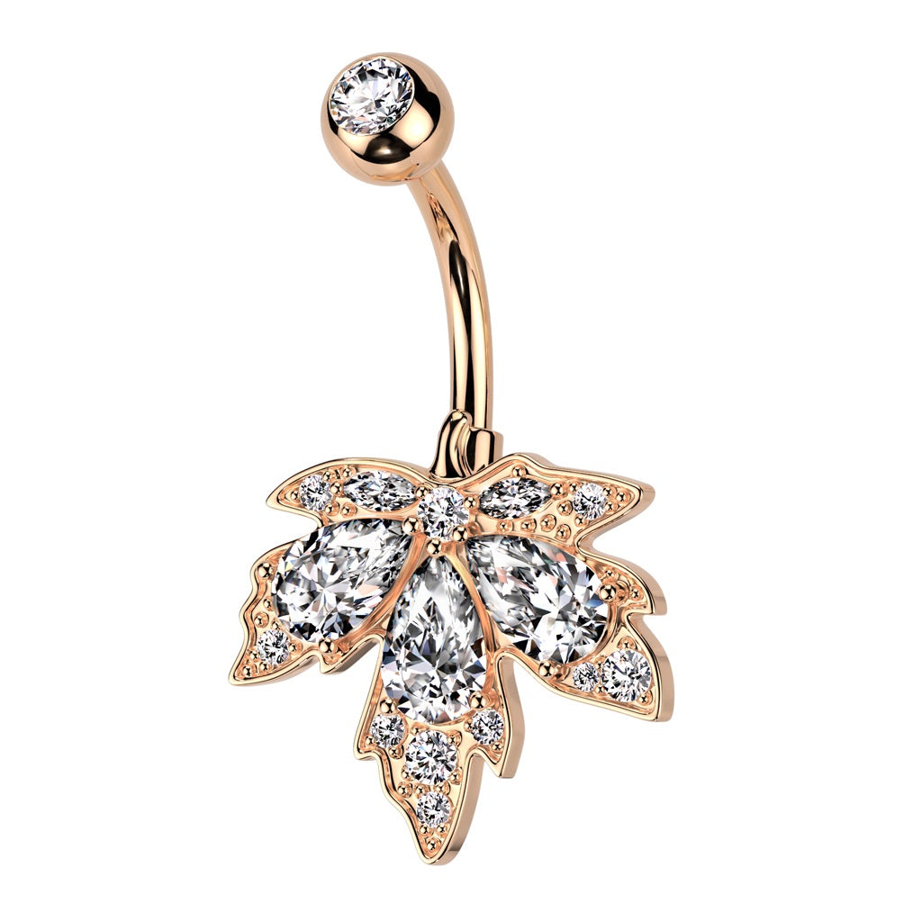 CZ Crystal Maple Leaf Belly Button Ring - 316L Stainless Steel
