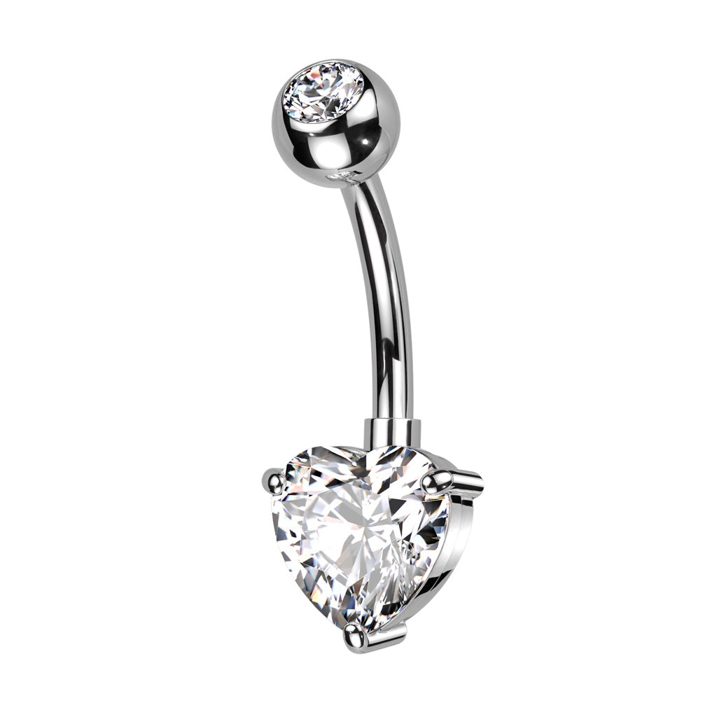 Prong Set CZ Crystal Heart Belly Button Ring - ASTM F-136 Implant Grade Titanium