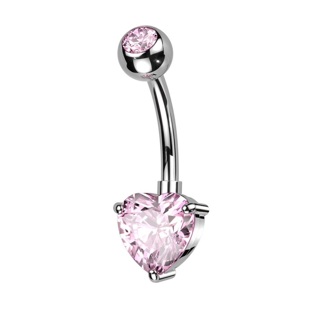 Prong Set CZ Crystal Heart Belly Button Ring - ASTM F-136 Implant Grade Titanium
