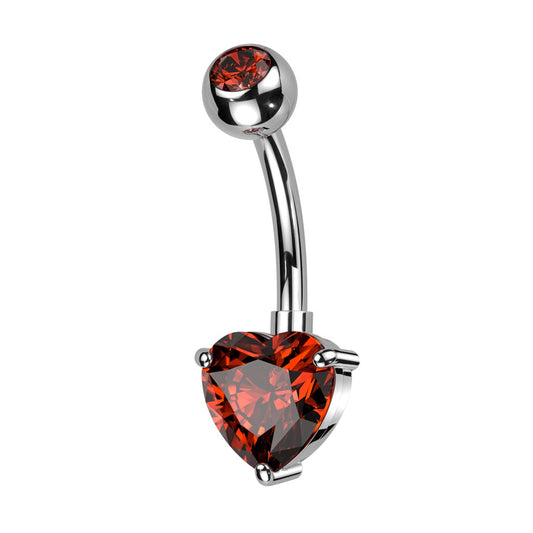 Prong Set CZ Crystal Heart Belly Button Ring - ASTM F-136 Implant Grade Titanium