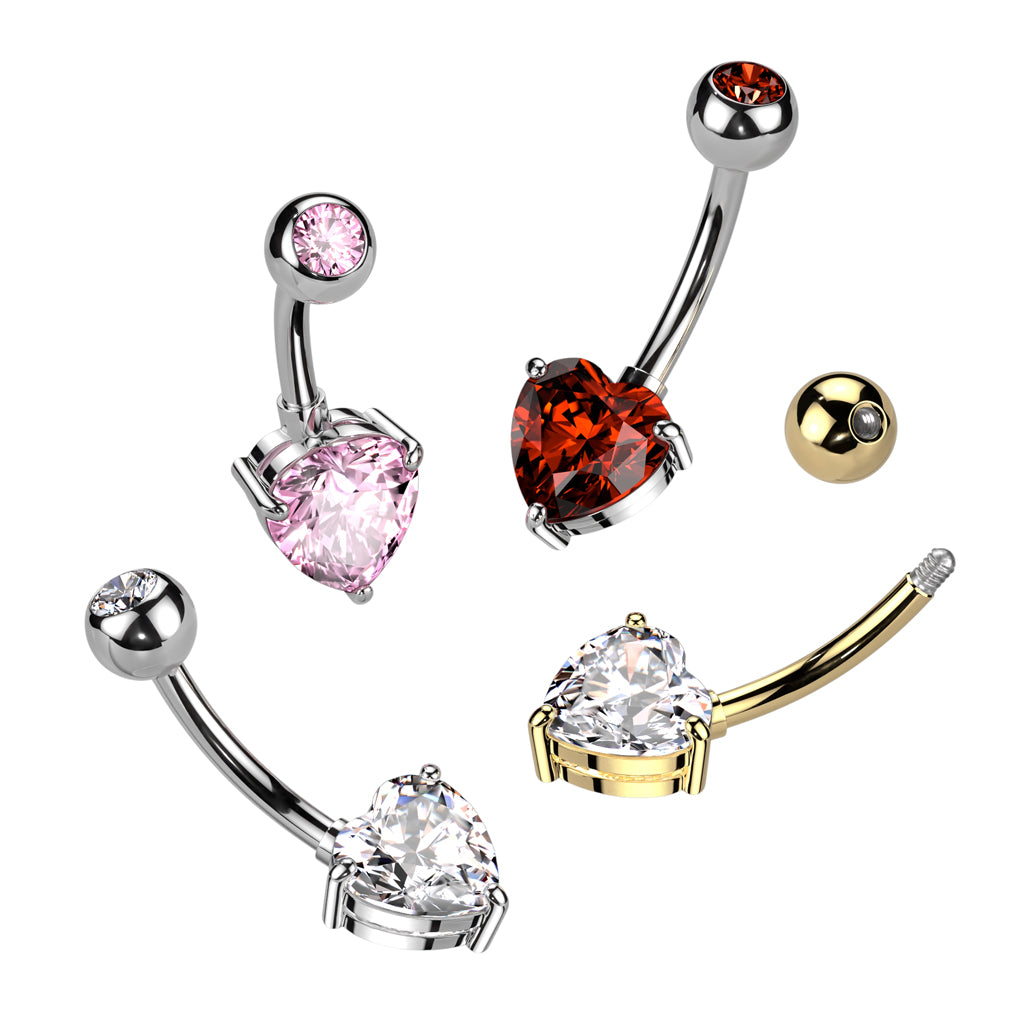 Prong Set CZ Crystal Heart Belly Button Ring - ASTM F-136 Implant Grade Titanium