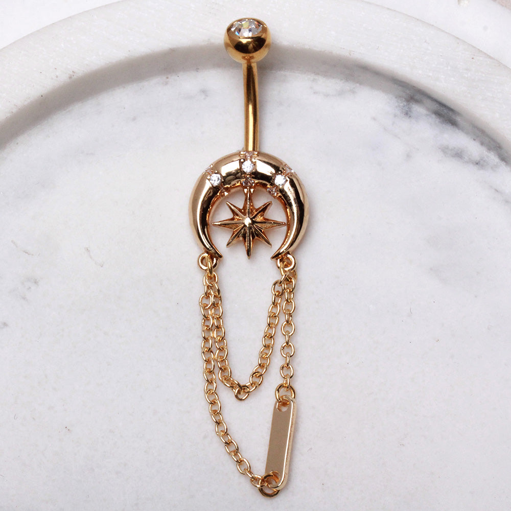 Crescent Moon with Dangling Chains Belly Button Ring - Gold Plated 316L Stainless Steel