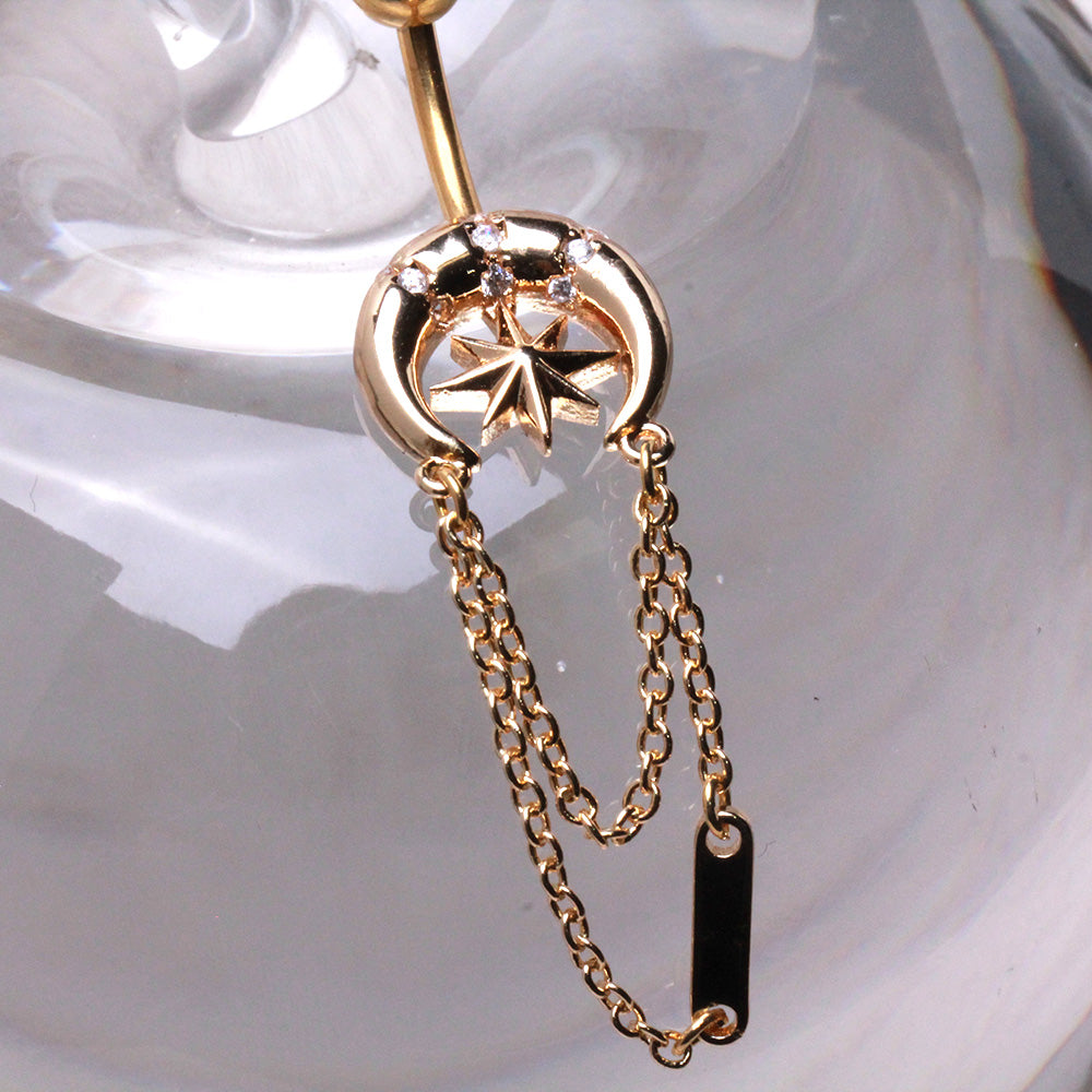 Crescent Moon with Dangling Chains Belly Button Ring - Gold Plated 316L Stainless Steel