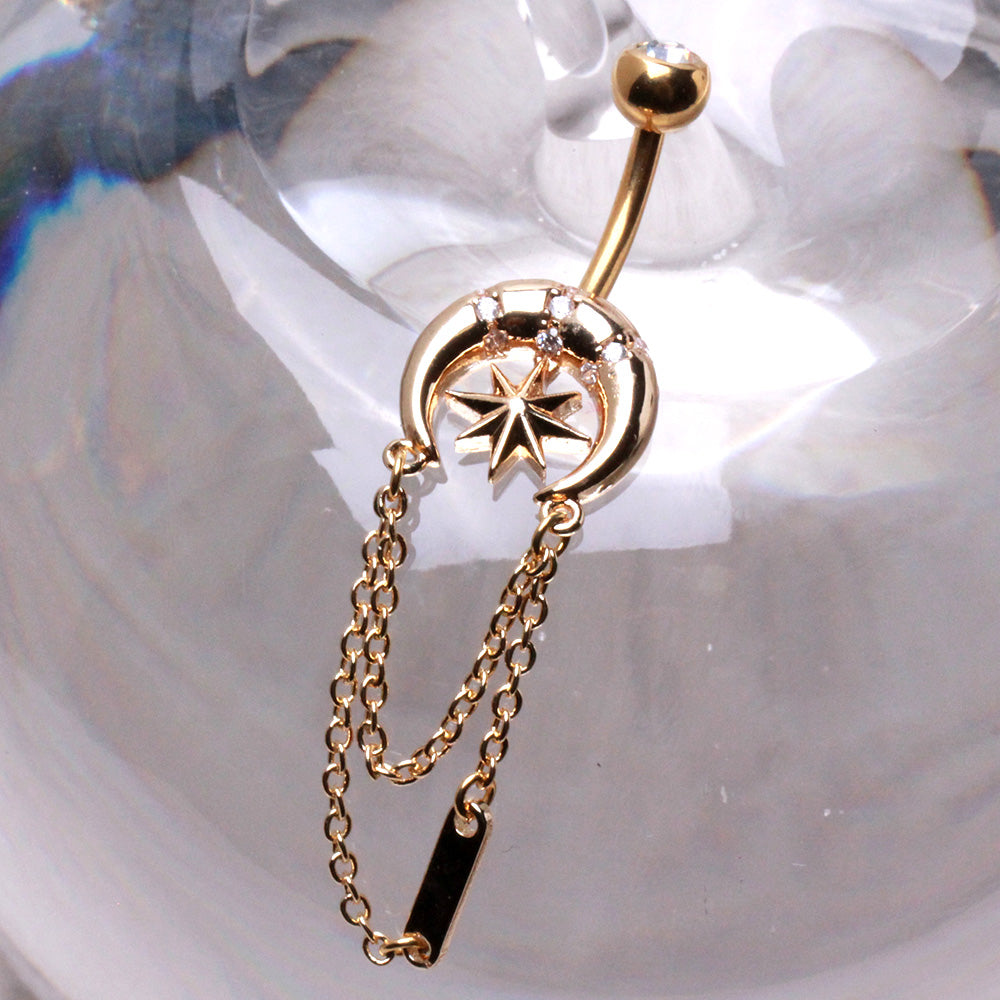Crescent Moon with Dangling Chains Belly Button Ring - Gold Plated 316L Stainless Steel