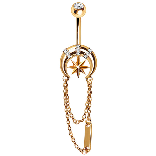 Crescent Moon with Dangling Chains Belly Button Ring - Gold Plated 316L Stainless Steel