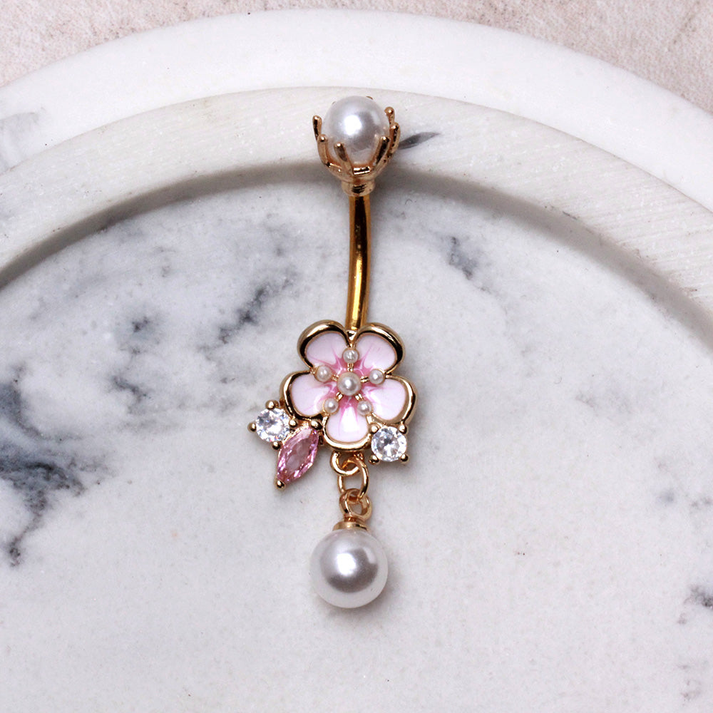 Pink Flower with Faux Pearl Accents Belly Button Ring - Gold Plated 316L Stainless Steel