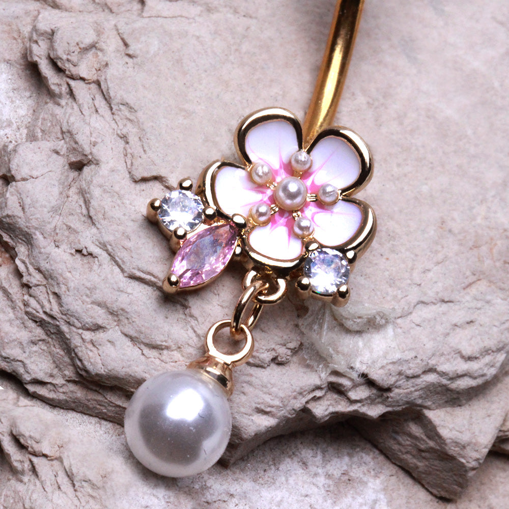 Pink Flower with Faux Pearl Accents Belly Button Ring - Gold Plated 316L Stainless Steel