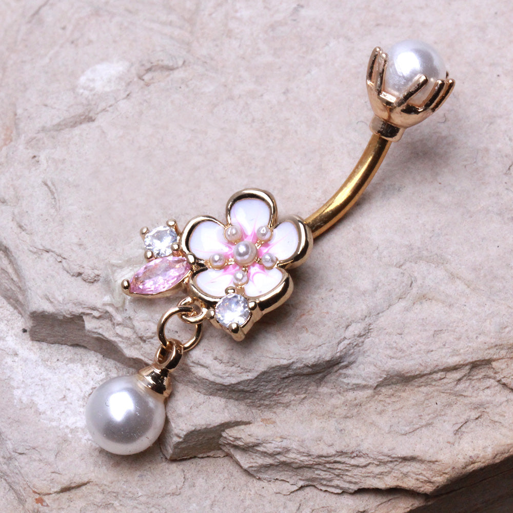 Pink Flower with Faux Pearl Accents Belly Button Ring - Gold Plated 316L Stainless Steel