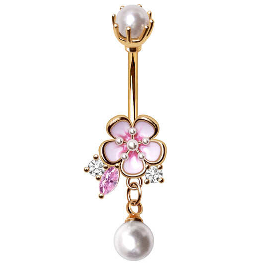 Pink Flower with Faux Pearl Accents Belly Button Ring - Gold Plated 316L Stainless Steel