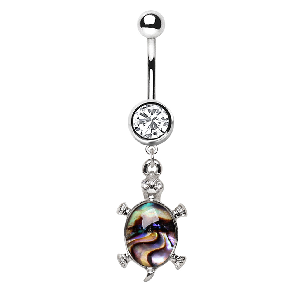 Teal Abalone Inlay Turtle Dangle Belly Button Ring - 316L Stainless Steel