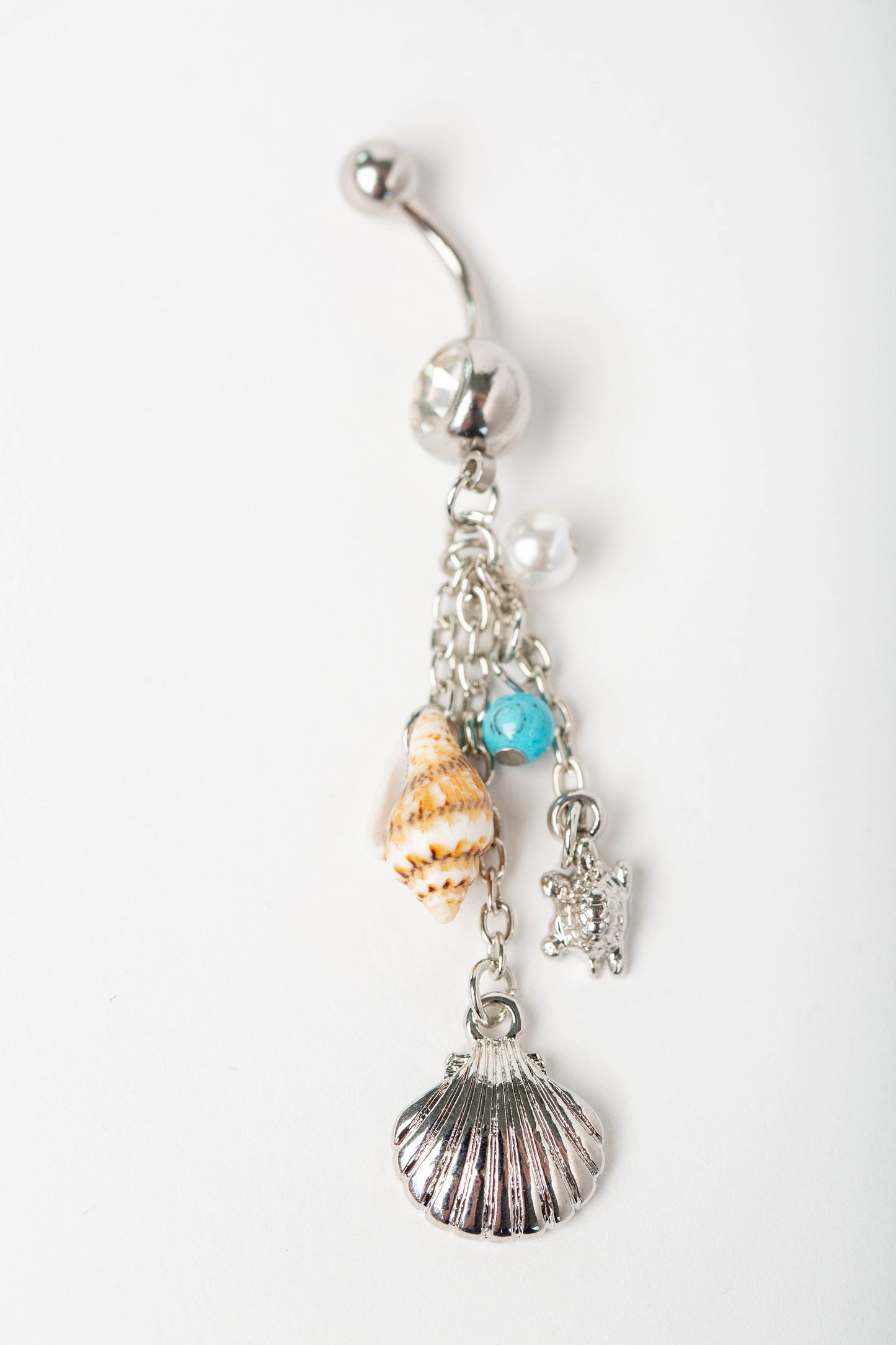 CZ Crystal Dangling Shell and Turtle Charms Belly Button Ring - 316L Stainless Steel
