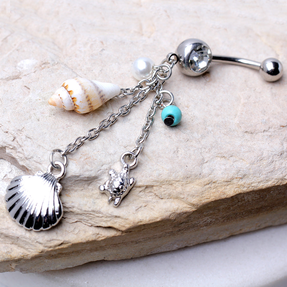 CZ Crystal Dangling Shell and Turtle Charms Belly Button Ring - 316L Stainless Steel