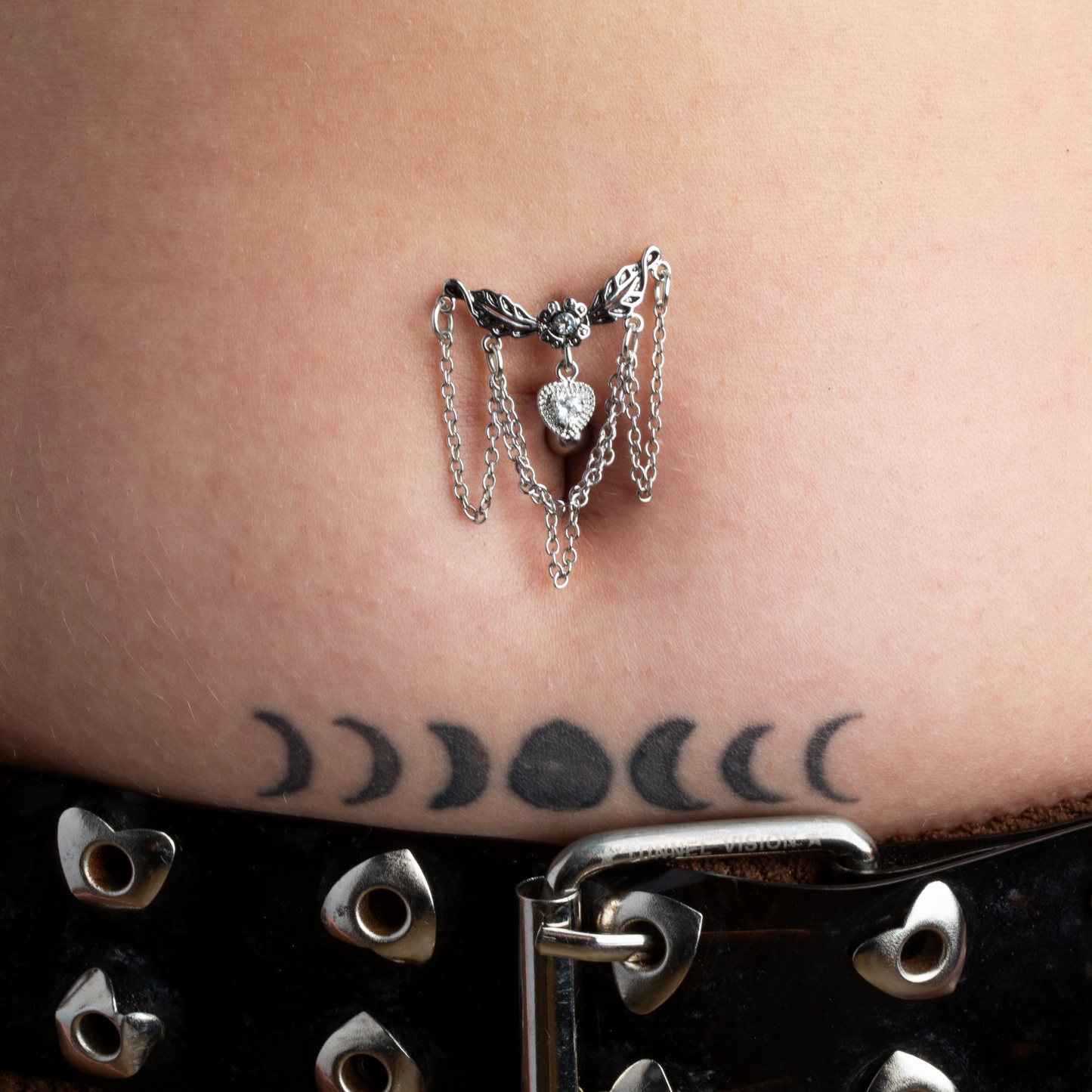 Leaflet Chandelier Chained Heart Top Down Dangling Belly Button Ring - 316L Surgical Steel