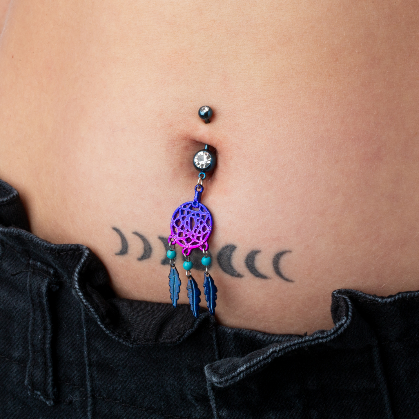 CZ Crystal Blue and Purple Ombre Dream Catcher Dangling Belly Button Ring - Stainless Steel