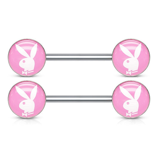 Playboy Bunny Inlaid Nipple Barbells - Pair - 316L Stainless Steel