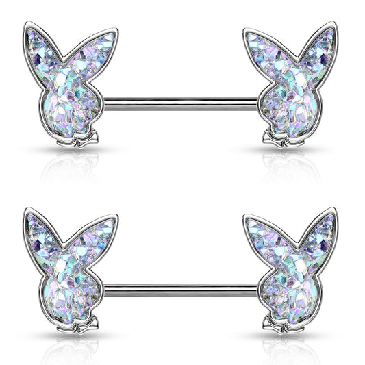 Druzy Stone Playboy Bunny Nipple Barbells - Pair - 316L Stainless Steel