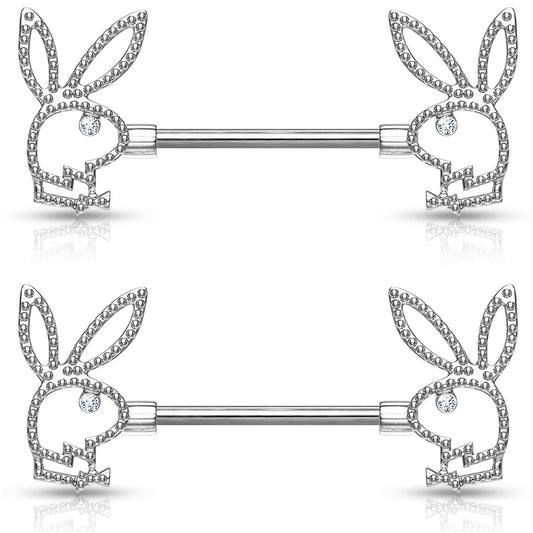 Playboy Bunny with CZ Crystal Eye Nipple Barbells - Pair - 316L Stainless Steel