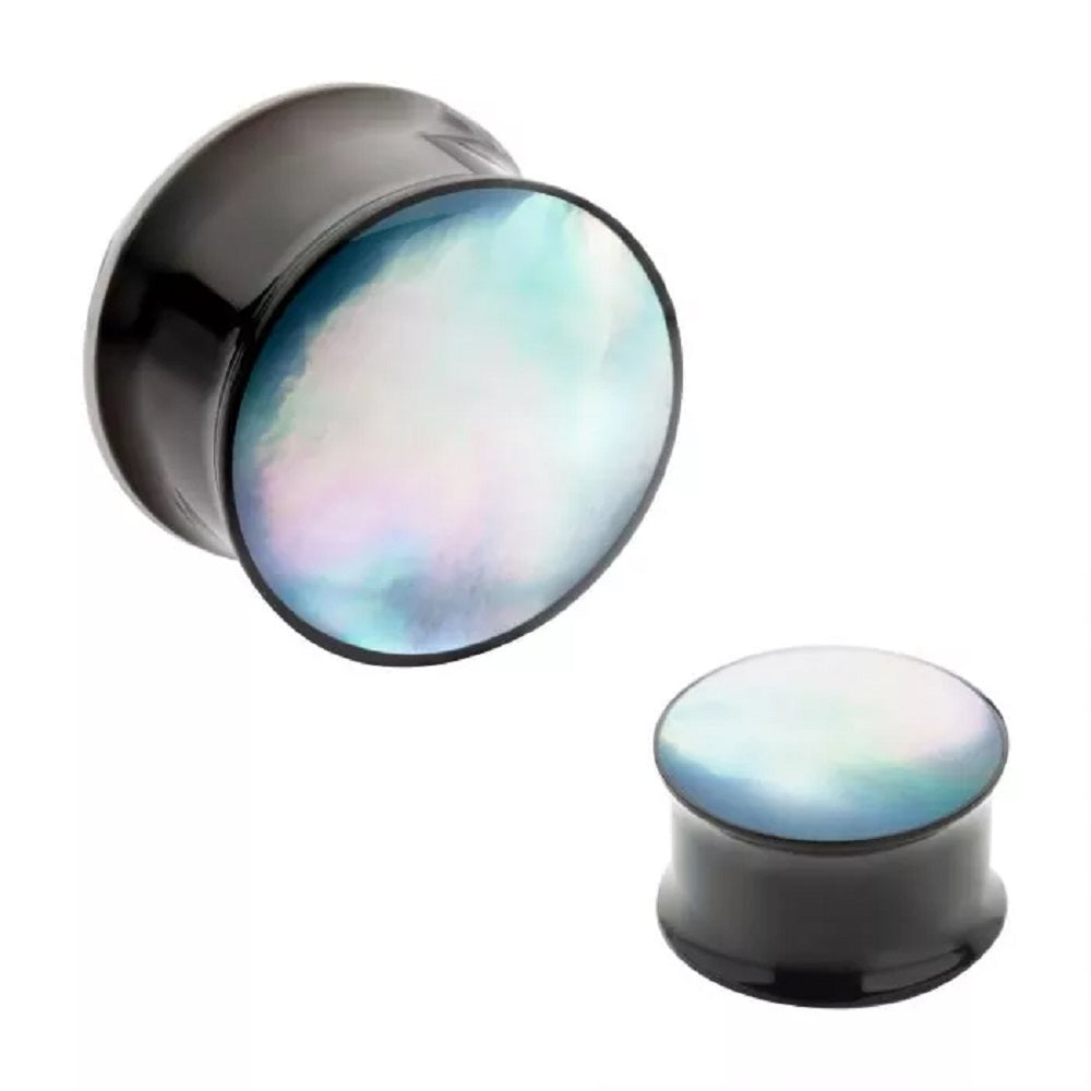 Black PVD Plated with Grey Stone Double Flared Plug Gauges - 316L Stainless Steel - Pair