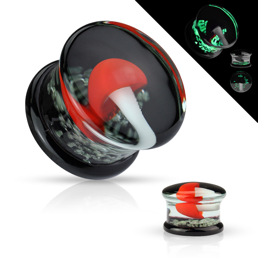 Pyrex Glass Red and White Mushroom with Black Glow in the Dark Sparkle Background Double Flared Plug Gauges
- Pair